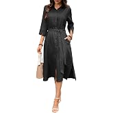 vinglam Women's 100% Linen Midi Dress Slit 3/4 Sleeve Collar Button Down Shirt Dresses with Belt and Pocket