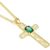 PERJI Christian Valentine's Day Gifts for Women - 14K Gold/White Gold Filled 925 Sterling Silver Cross Birthstone Pendant Necklaces, Religious Birthday Jewelry Gifts for Wife, Non Tarnish 18"+2"