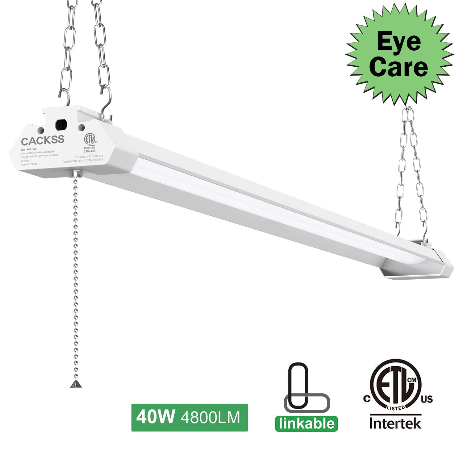 40W 4800LM LED Shop Light for Garage, 4FT Light Fixture with Pull Chain, 5000K Super Bright LED Utility Light with Frosted Cover, for Workshops Basement Storage Workbench, ETL Listed, Pack 1