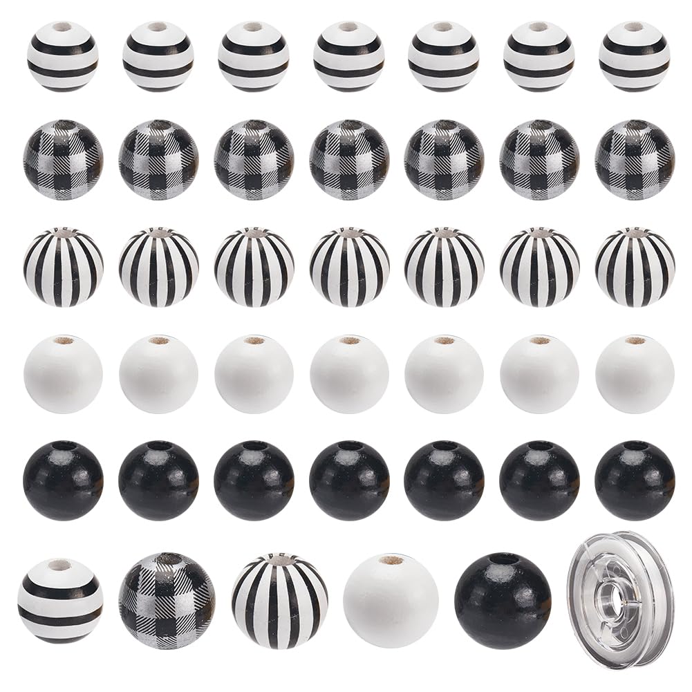 SOFPLATE 155Pcs 16mm Round Wooden Beads Black White Wood Beads Big Hole Farmhouse Wooden Bead with 10.93 Yards/10m Stretchy Beading Elastic Thread Kits for jewellery Making DIY Necklace Bracelets Craf