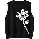Wowcarbazole Women's Sweater Vest Crew Neck Sleeveless Ribbed Knitwear Casual Trendy Floral Knitted Vest Pullover Top