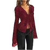 GORGLITTER Women's Bell Sleeve Tie Front Y2K Tops Classy Cute Sheer Going Out Gothic Concert Mesh Long Sleeve Crop Tops