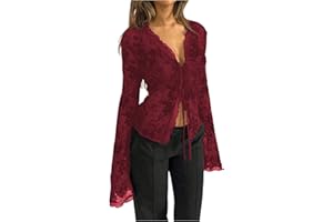 GORGLITTER Women's Tie Front Tops Gothic Sheer Mesh Bell Long Sleeve See Through Fall Blouses Tops Soft Grunge Outfit