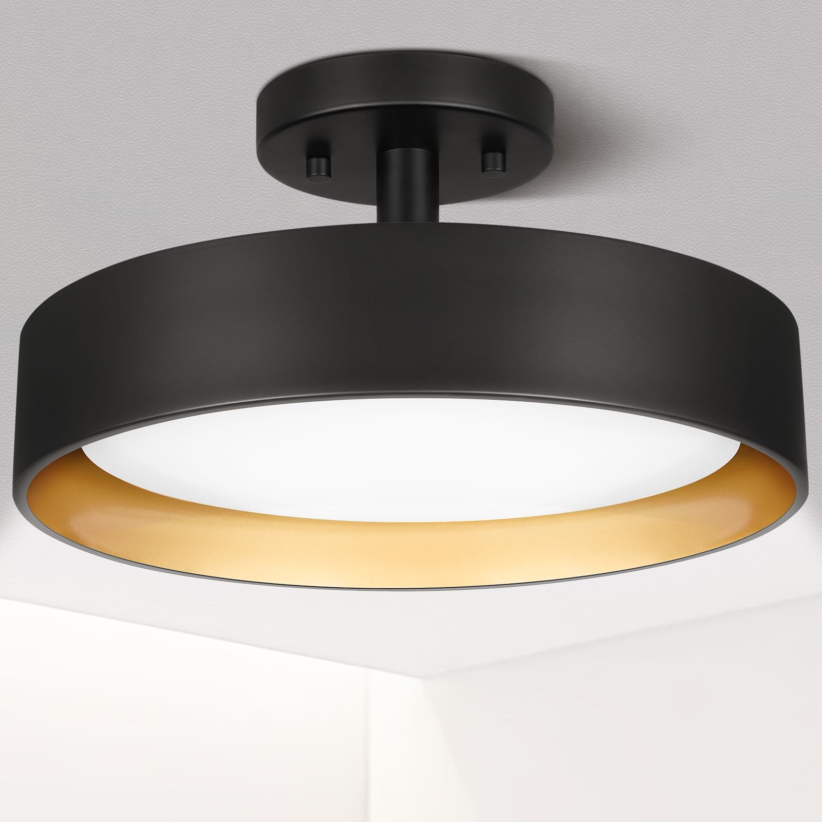 Photo 1 of SunRider Semi Flush Mount Ceiling Lights, 12 Inch 25W LED Ceiling Light Fixture Black for Hallway Kitchen, Gold Inside, 5000K Daylight White, Dimmable