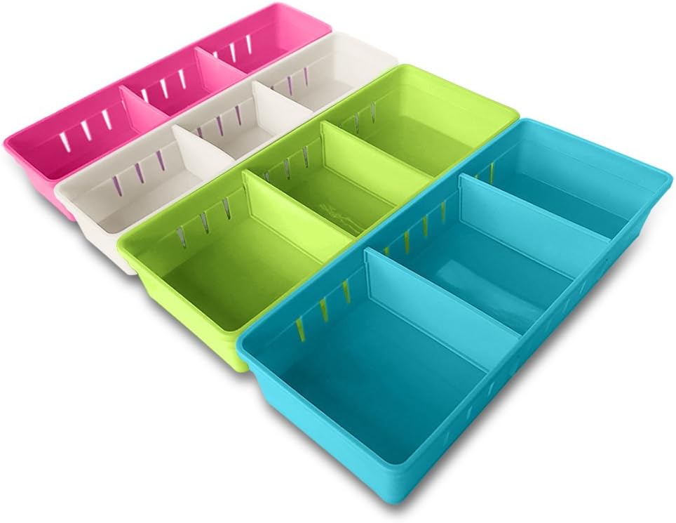 MMMMARILYN Drawer Organizer with 2 Adjustable Drawer Dividers (White S, Pink S, Green L, Blue L, Pack of 4)