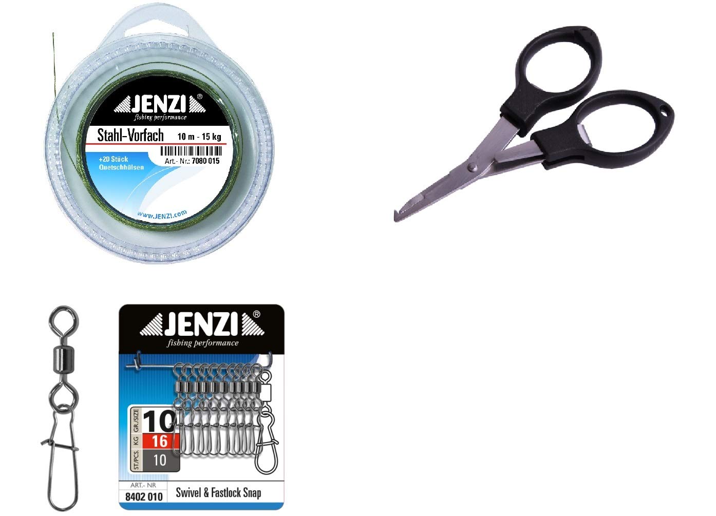 Leader set 1 x steel leader 15 kg, 10 m coated, 20 crimp sleeves, 10 carabiner hooks with swivel and free fishing scissors + Petri Heil! sticker.