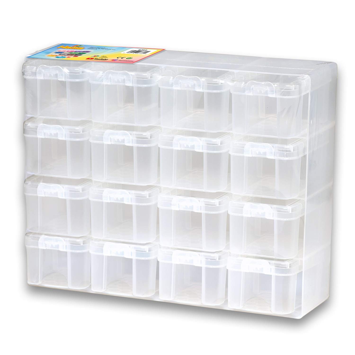 Hama 6760 Bead Box for Sorting and Storing mini/midi or Maxi Size Ironing Beads, 16 compartments on 4 Levels, Approx. 22 x 28 x 8.5 cm, Creative Fun for Young and Old