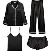 SWOMOG Womens 4pcs Pajamas Sets Silk Satin Pjs Sexy Cami Shorts Set Button Down Long Short Sleeve Sleepwear Loungewear