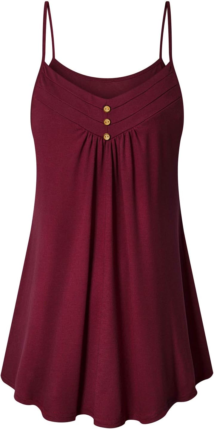 ViracyWomen's Summer Button V Neck Pleated Spaghetti Strap Camisole Tank Tops (M-3XL)