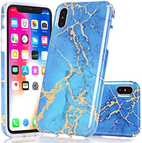 iPhone X Marble Case, Wastou Marble Pattern Slim Fit Soft Flexible TPU Matte Silicone Protective Phone Cover [Support Wireless Charging] for Apple iPhone X (2017) (Blue Sparkle Gold)