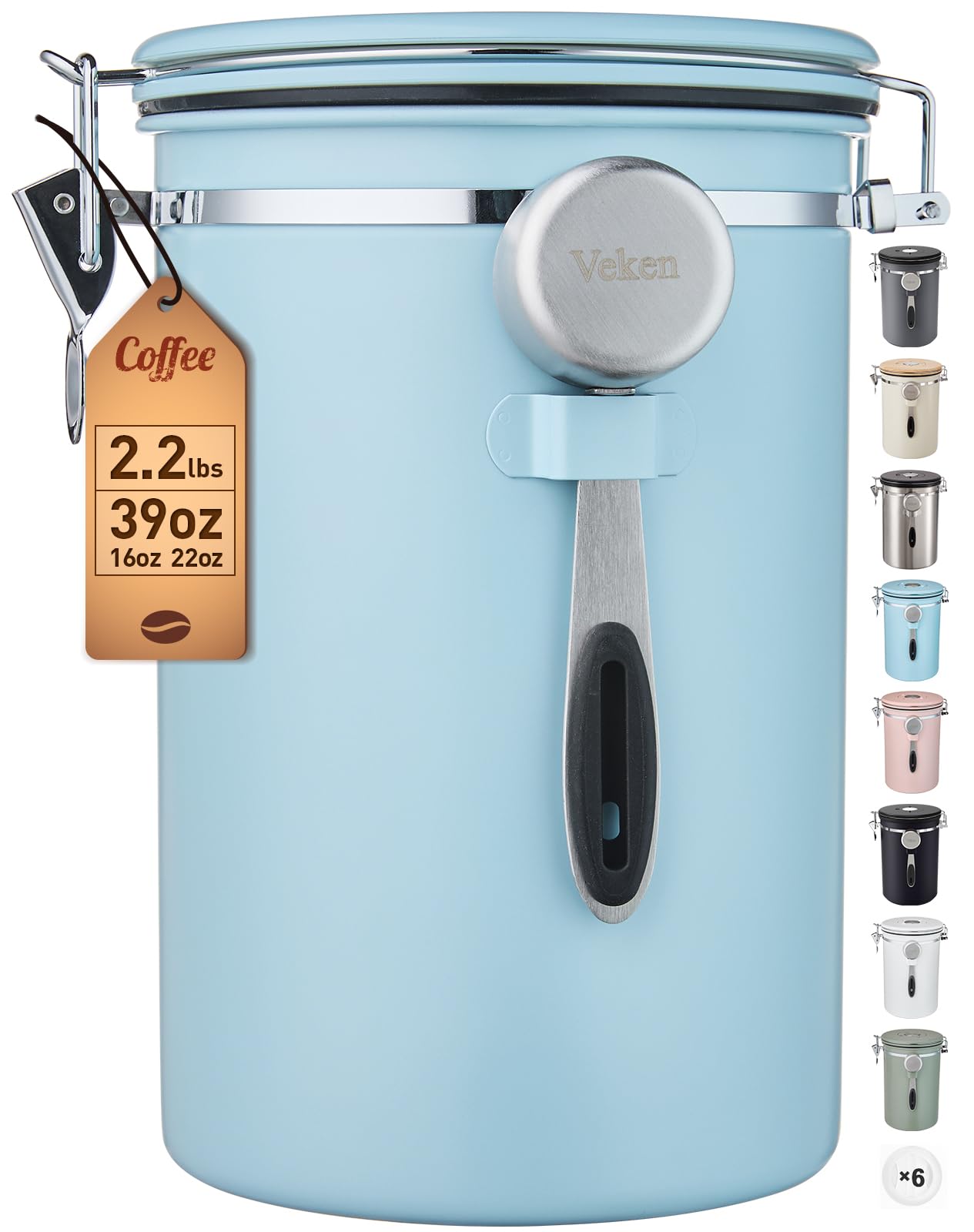 Veken Coffee Canister, 39OZ Large, Airtight Stainless Steel Food Storage Container for 2.2lbs Coffee Beans, Ground, Sugar, Tea, Cookie, Flour, Kitchen Bar Accessories with Date Tracker & Scoop, Blue Image