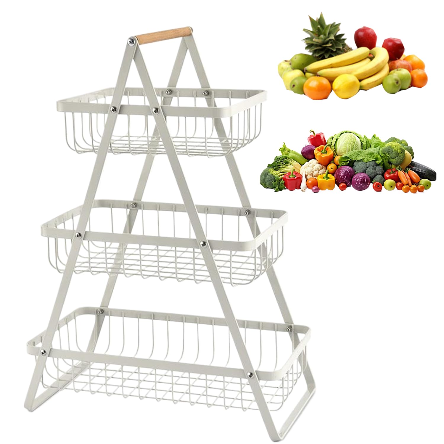 3 Tier Fruit Basket,Vegetable Rack,Bread Basket,Detachable Mesh Fruit Baskets With Wooden Handle,Vegetable Storage Rack For Kitchens Home,Office,Vegetables,Onion,Banana,Potato,Snack Basket(White)