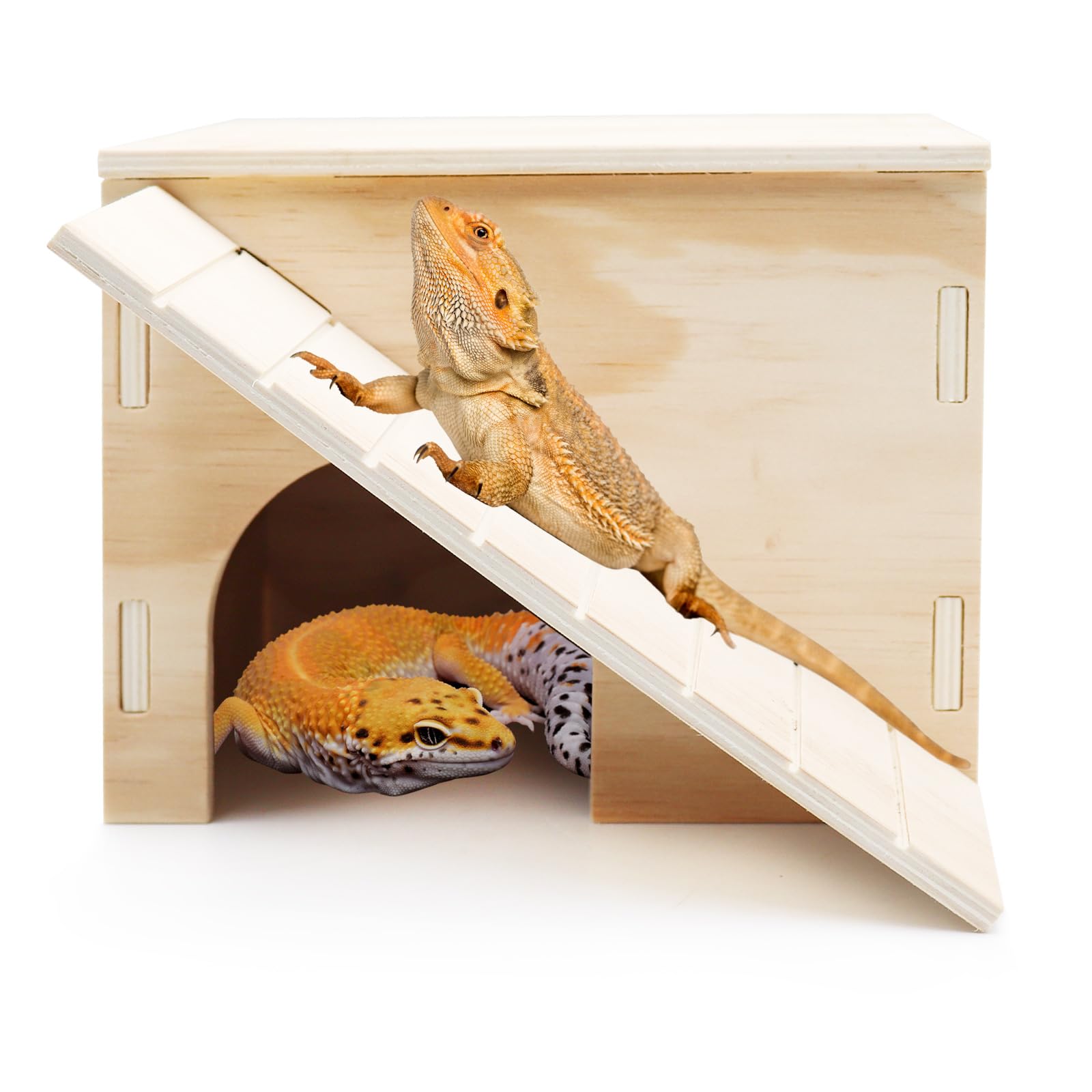 Large Bearded Dragon Hide Cave, Wooden Lizard Hideout with Climbing Ramp, Reptile Habitat with Basking Platform, Tank Accessories for Bearded Dragon Lizard Chameleon Hamster