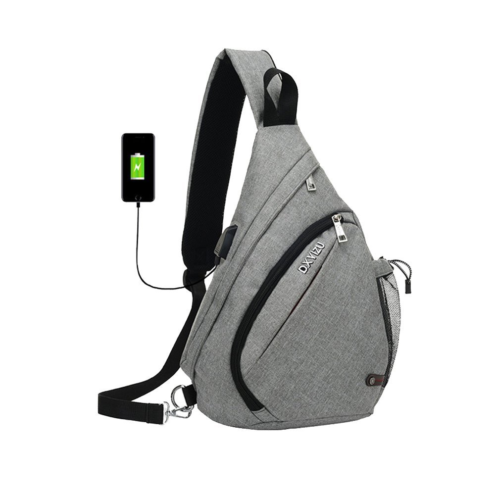 Sling Bag Chest Shoulder Backpack SINOKAL Casual Crossbody Shoulder Triangle Packs Daypacks for Men Women Canvas Digital Camera Bags with Charging Port for Sport Outdoor Gym Travel Hiking (Grey)