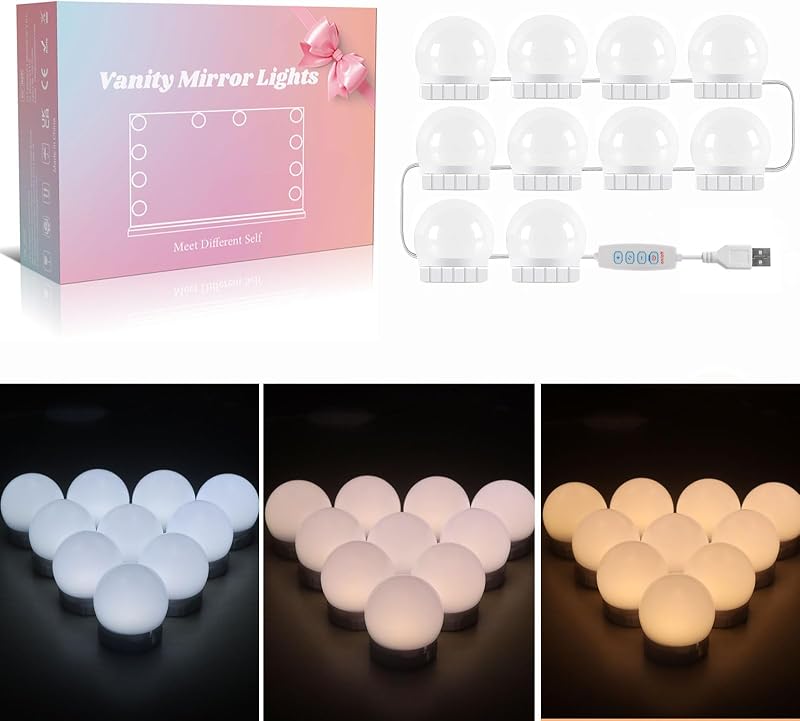 Akynite Hollywood Mirror Lights 10 LEDs USB 3 Colors 10 Brightness Dimmable