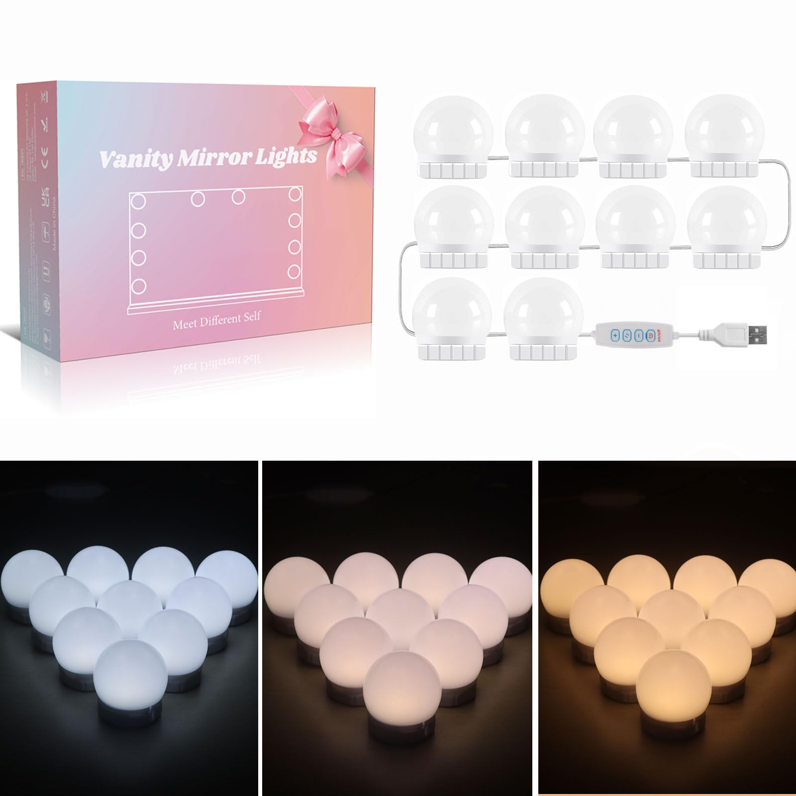 Akynite Hollywood Mirror Lights Stick on 10 Bulbs, USB Cable Adjustable, 3 Colour Changing and 10 Brightness, LED Vanity Mirror Lamp Dimmable, Makeup Lights for Dressing Table (No Adapter)