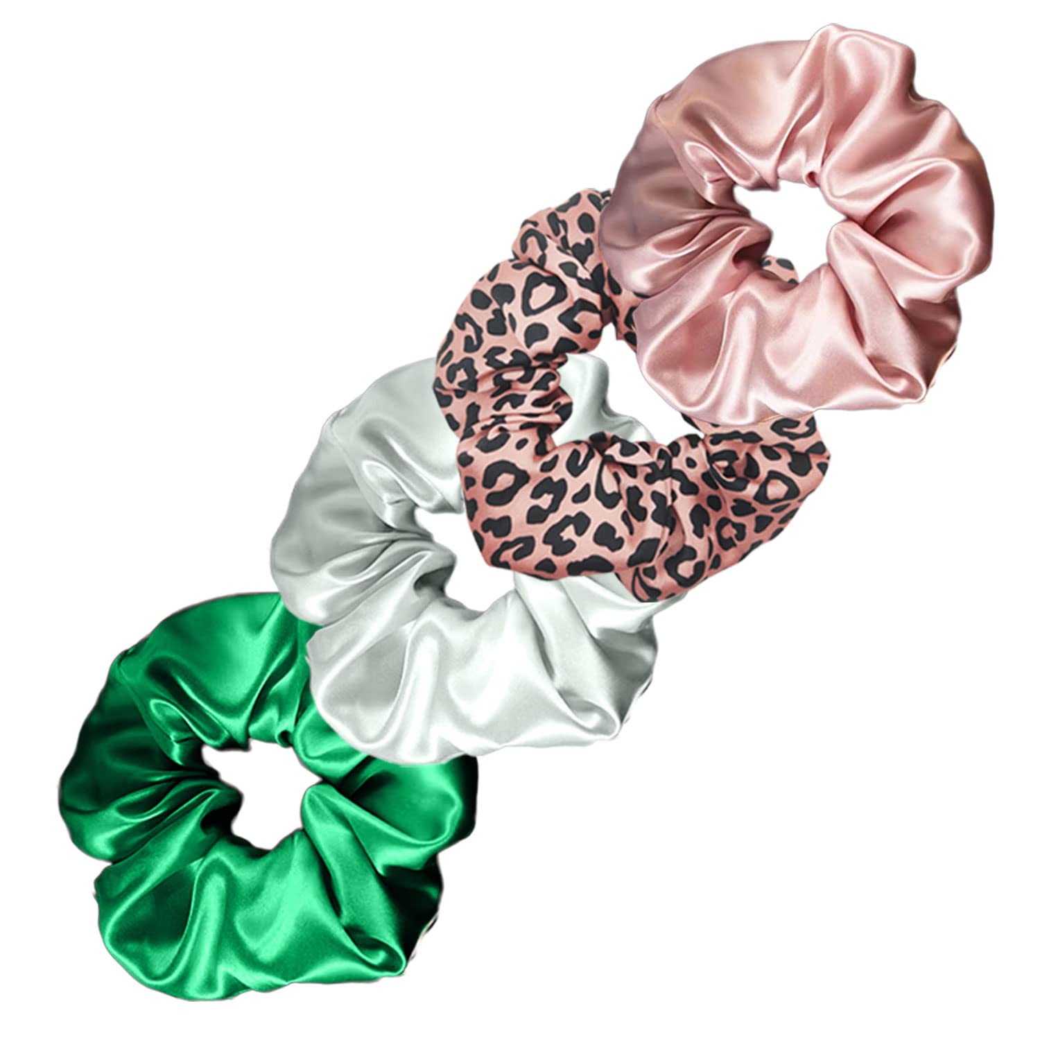 Bevy Designs Silk Hair Scrunchies | 100% Pure 22 Momme Mulberry Silk Scrunchies, Hair Ties for Frizz, Breakage Prevention for Ponytail (XL-4pack | Silver Grey, Rosy Pink, Emerald, Pink Leopard)