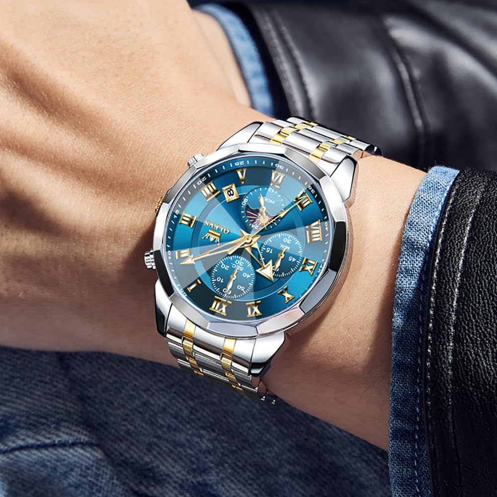 OLEVS Männer Uhr Quarz Luxus Business Uhren Multifunktion Chronograph Mondphase wasserdicht Leuchtend blaues Gesicht Silber Edelstahl Armbanduhren 4