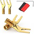 4PCS Spade Connector,45 Degree Pure Copper Audio Fork Y Spade Plug DIY with Heat Shrink Tubing and Hex Wrench,Double Screw Locking Speaker Cable Plug for Speaker Cables (Knurled Gold Plated)