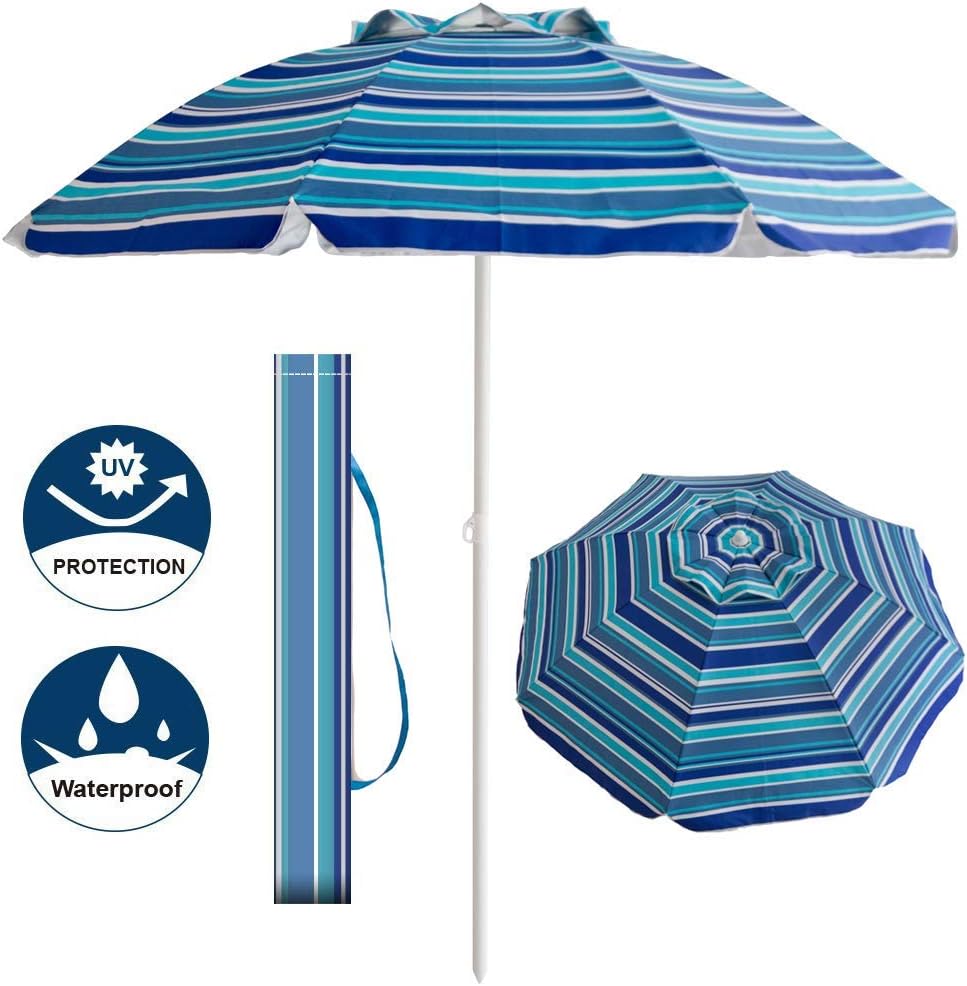 Aclumsy 7' Portable Beach Umbrella with Tilt and Silver Coating Inside, Integrated Sand Anchor and Air Vent Parasol Sun Shelter, Carry Bag Included (Blue/White Stripe)