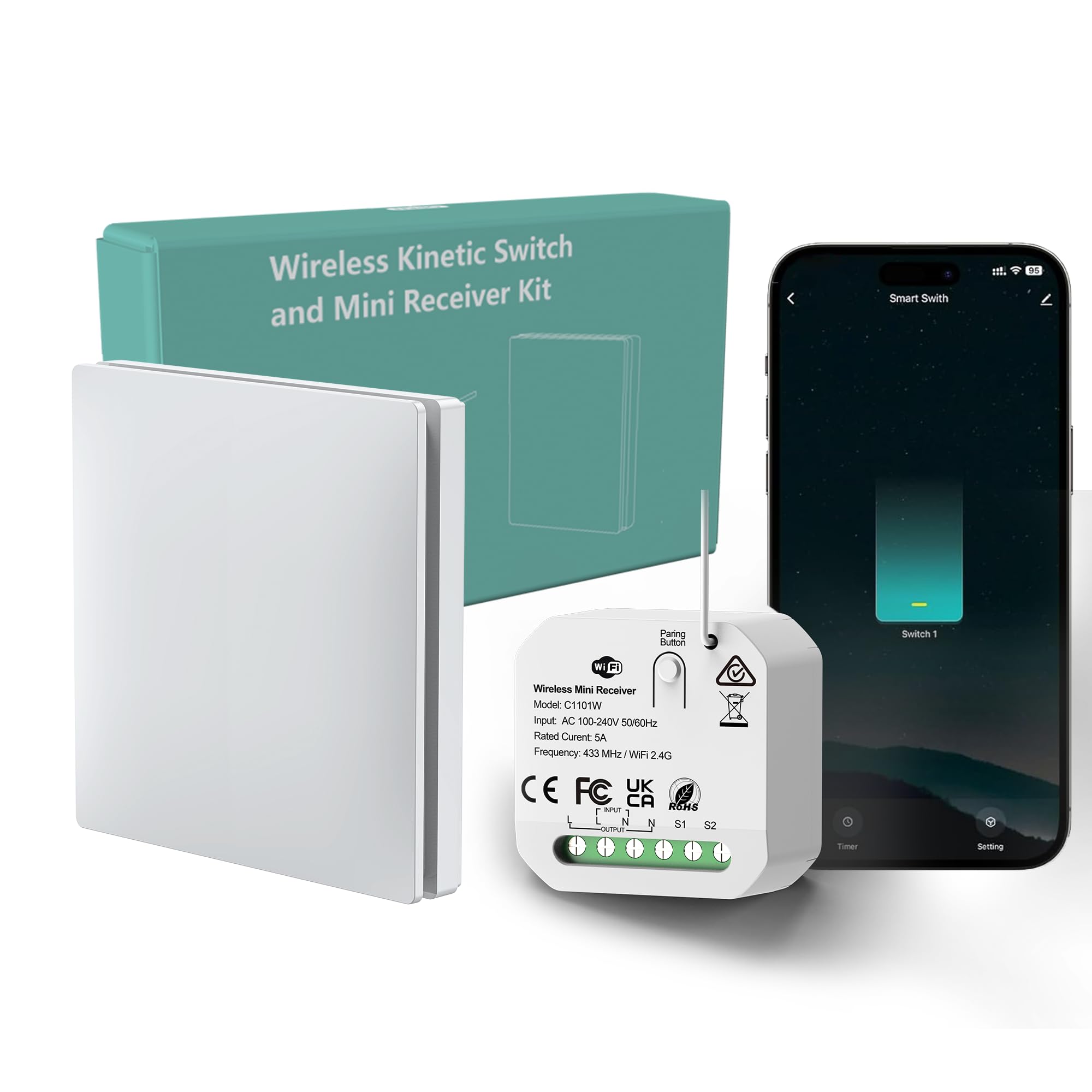 WiFi Smart Wireless Lights Switch Kit, ECO-NEWLEAF Waterproof On/Off Switch Compatible with Alexa & Google Assistant Voice Control Timing Function