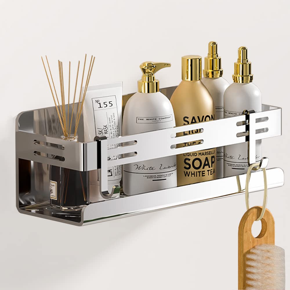 Melairy Stainless Steel Bathroom Shelves Shower Shelf, No Drilling Shower Caddy with 2 Hooks for Bathroom and Kitchen