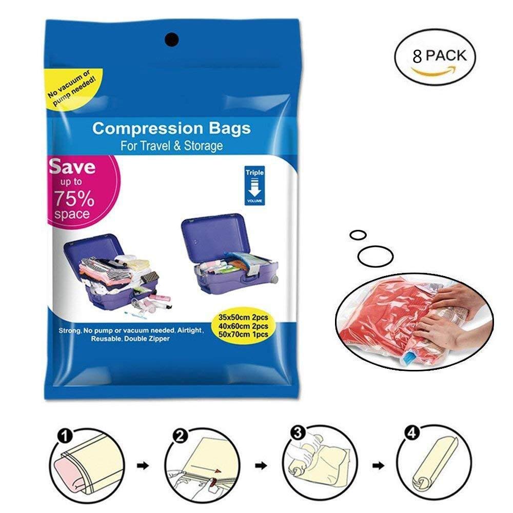 WeTong Compression Bags for Travel 75% Space Saver Bag Reusable Packing Sacks No Vacuum No Pump Needed (4 x Large + 4 x Medium)