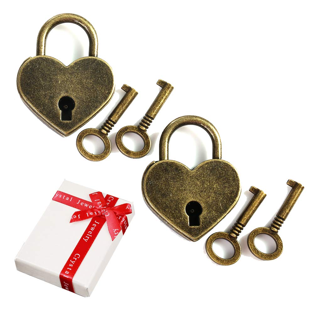 2 pieces antique vintage heart shaped mini padlock with 6 pieces key set, nostalgia vintage antique art heart small padlock for diary love lock party gift decoration