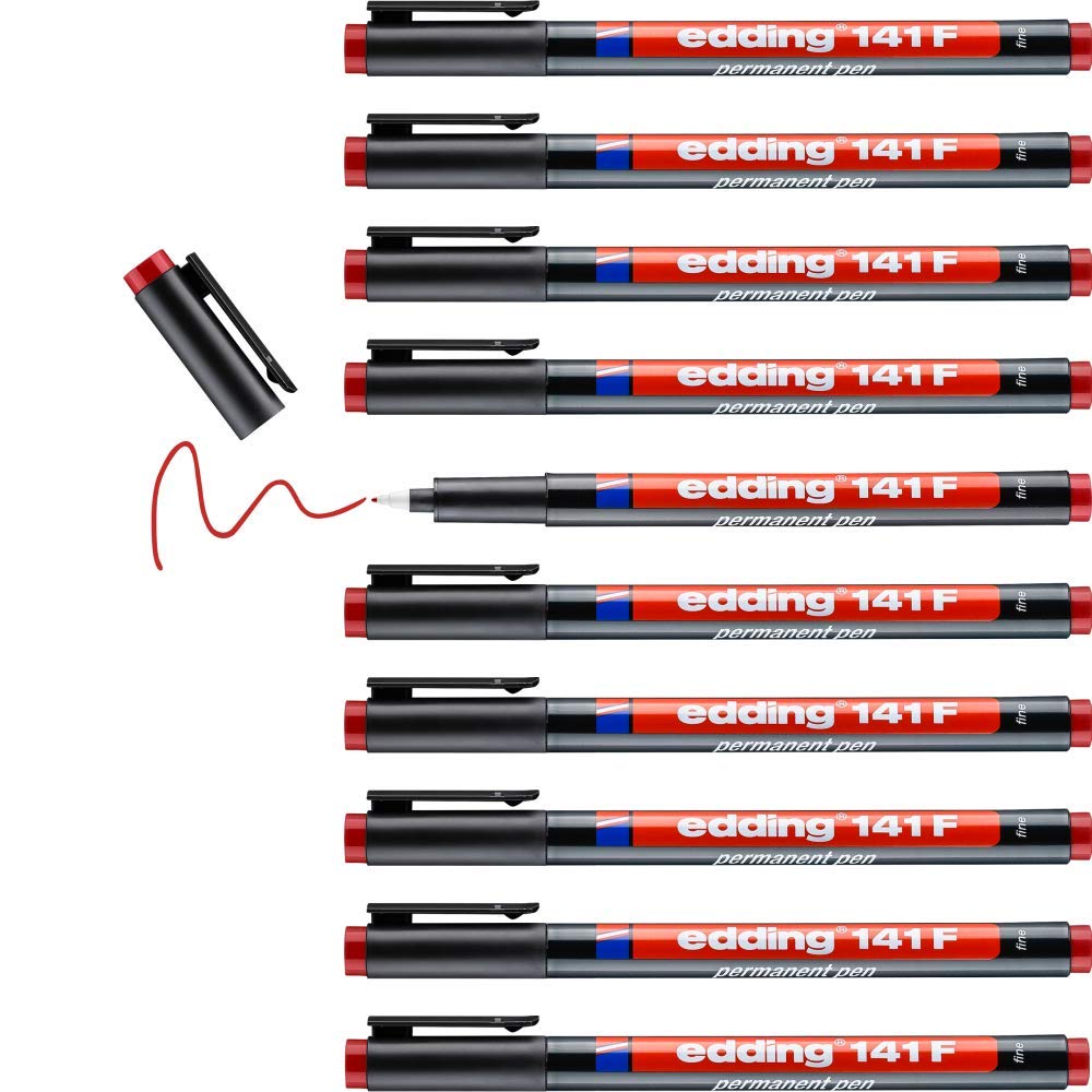 edding 141 F permanent pen - red - 10 pens - round nib 0.6 mm - pen for writing on glass, plastic, foils and smooth surfaces - permanent, quick-drying, smudge-proof and waterproof