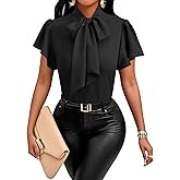 Vrtige Women's Bow Tie Mock Neck Blouse Short Sleeve Elegant Office Shirt Top