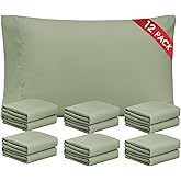 FreshCulture Sage Green Pillowcases Queen Size 12 Pack - Bulk Pillowcase Set - Envelope Closure - Soft Brushed Microfiber Fabric - 20x30 Inches Pillow Case Set of 12 for Home, Hotels, Schools