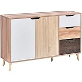 Ansley&HosHo サイドボード キャビネット リビング 引き出し3杯 チェスト 収納タンス 食器棚 キッチン 寝室 カウンター下 扉付き 木目調 ナチュラル＆ホワイト