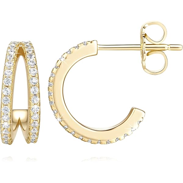 KissYan 14K Gold Plated Triple Hoop Earrings For Women - Cubic Zirconia C-Shape Wrap Earrings