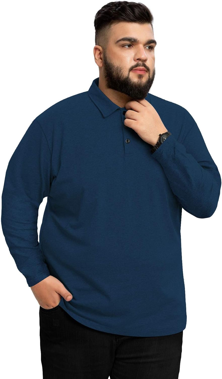 Aiyino Men's Big and Tall Classic Fit Long Sleeve Solid Soft Cotton Polo Shirt: Clothing