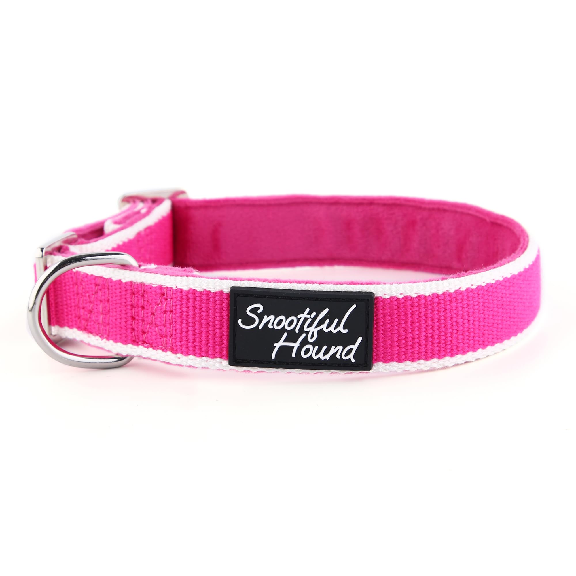 Snootiful Hound Buckleless Dog House Collar - Organic Bamboo & Soft Velvet Lining - Greyhound/Whippet House Collar - Ideal for long term wear for ID (Pink & White, 30-46cm)