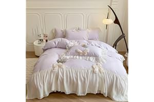 SOUKECHY Girls Lace Bedding,Purple Queen Comforter Cover Set, Chic Ruffled Duvet Cover with Lovely Bow,Princess Style 1 Duvet Cover with 2 Pillowcases, No Comforter,Purple,Queen Size