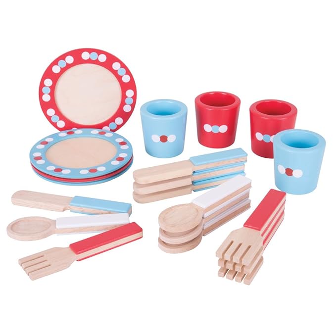 Bigjigs Toys Wooden Pretend Play Dinner Service Set Plates, Cups