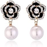 Women Imitation Pearl Rose Charm Dangle Drop Earrings