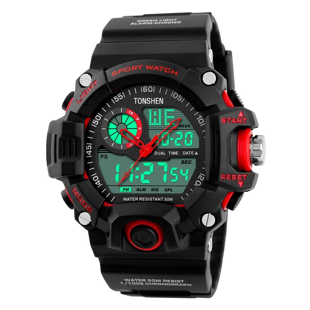 TONSHEN Men's Military Sport Watches Multifunction Waterproof Analog Display Dual Dial Two Timezone Electronic 12H/24H Time Calendar Day Date 164FT 50M Water Resistant Digital Wristwatch (Red)