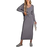 ANRABESS Women's 2 Piece Outfits Sweater Skirt Sets Casual Long Sleeve V Neck Ribbed Knit Tops Midi Dress 2025 Fall Fashion