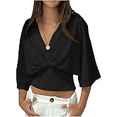GORGLITTER Women's Dolman 3/4 Length Sleeve Cinched Waist Tops Ruched V Neck Blouses Summer Vacation Going Out Outfits