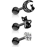 Jewseen 16g Cartilage Earring Moon Cat Conch Earring 316L Stainless Steel Helix Earring 3pcs Tragus Earrings Ghost Piercing Jewelry for Halloween Day