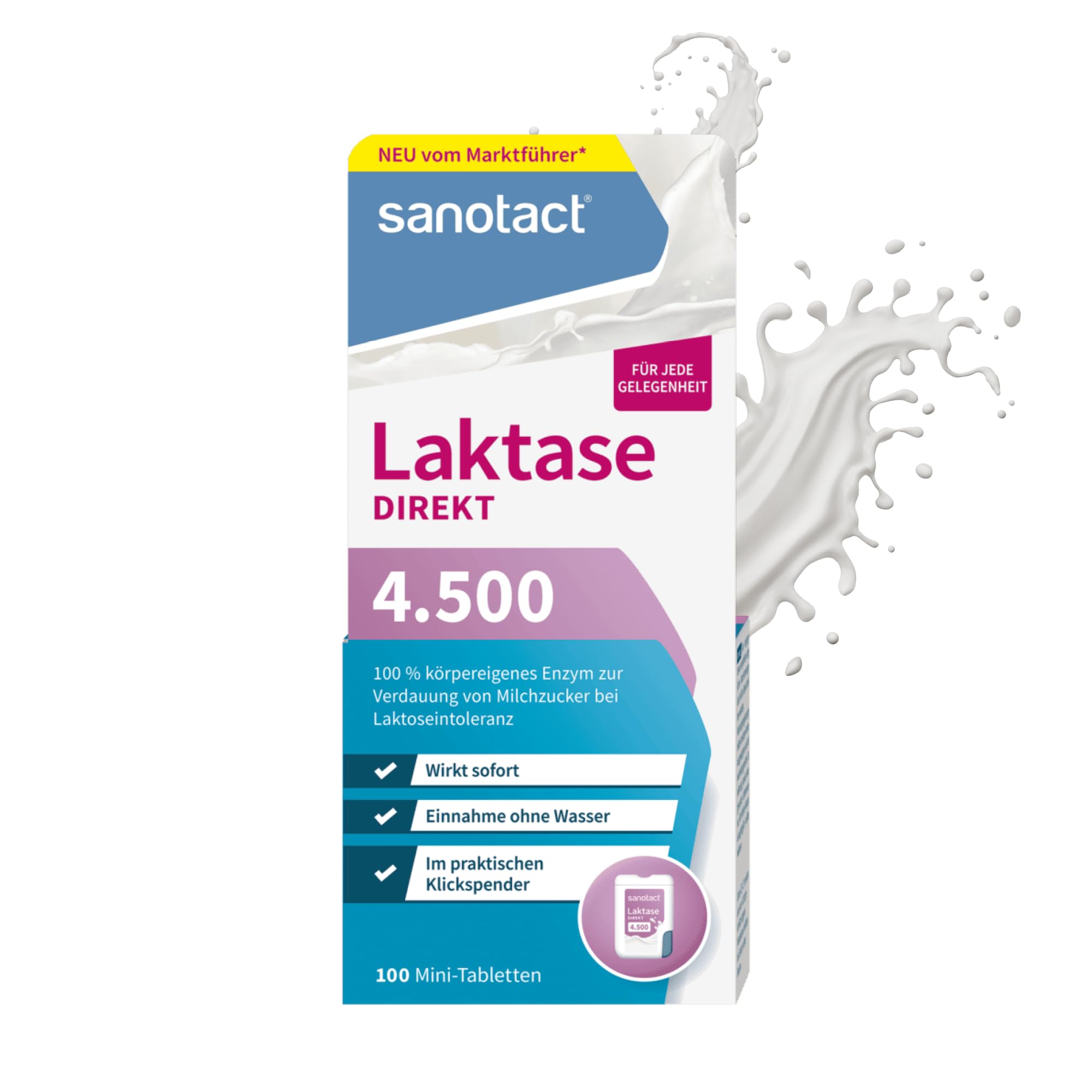 sanotact Laktase Direkt 4.500 Mini-Tabletten – 100 Stück | Für Laktoseintoleranz | Sofortige Wirkung | Ohne Wasser einnehmbar | Praktischer Klickspender