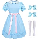 Women Halloween Twin Cosplay Dress Blue Puff Sleeve Lolita Dresses with Socks Creepy Sisters Costume Outfits