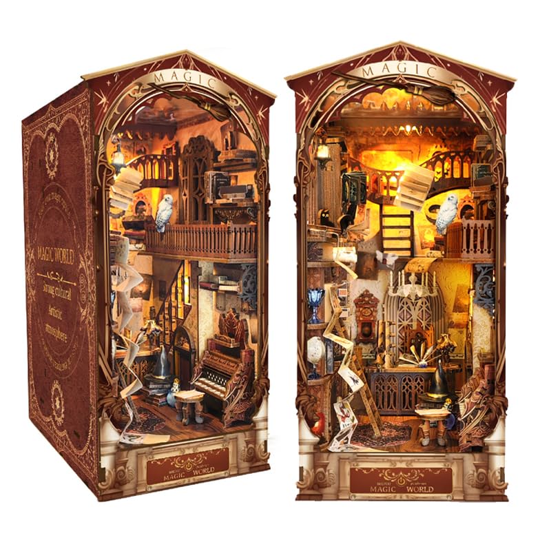 STRUCWOOD Magic Book Nook Kit 3D Wooden Puzzle for Adults Decorative Bookend Stand Book Nook Bookshelf Insert Bookcase Toy for Teenagers Gift Model Kits (Magic World)
