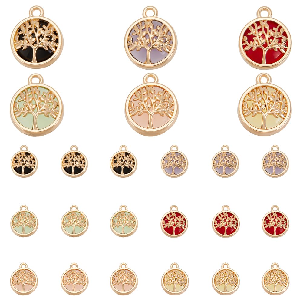 PH PandaHall 24pcs Tree of Life Connector Links, 6 Colors Flat Round Glass Pendants Charm Platinum Plated Crystal Chakra Links Lucky Charms for DIY Jewellery Necklace Bracelet Making