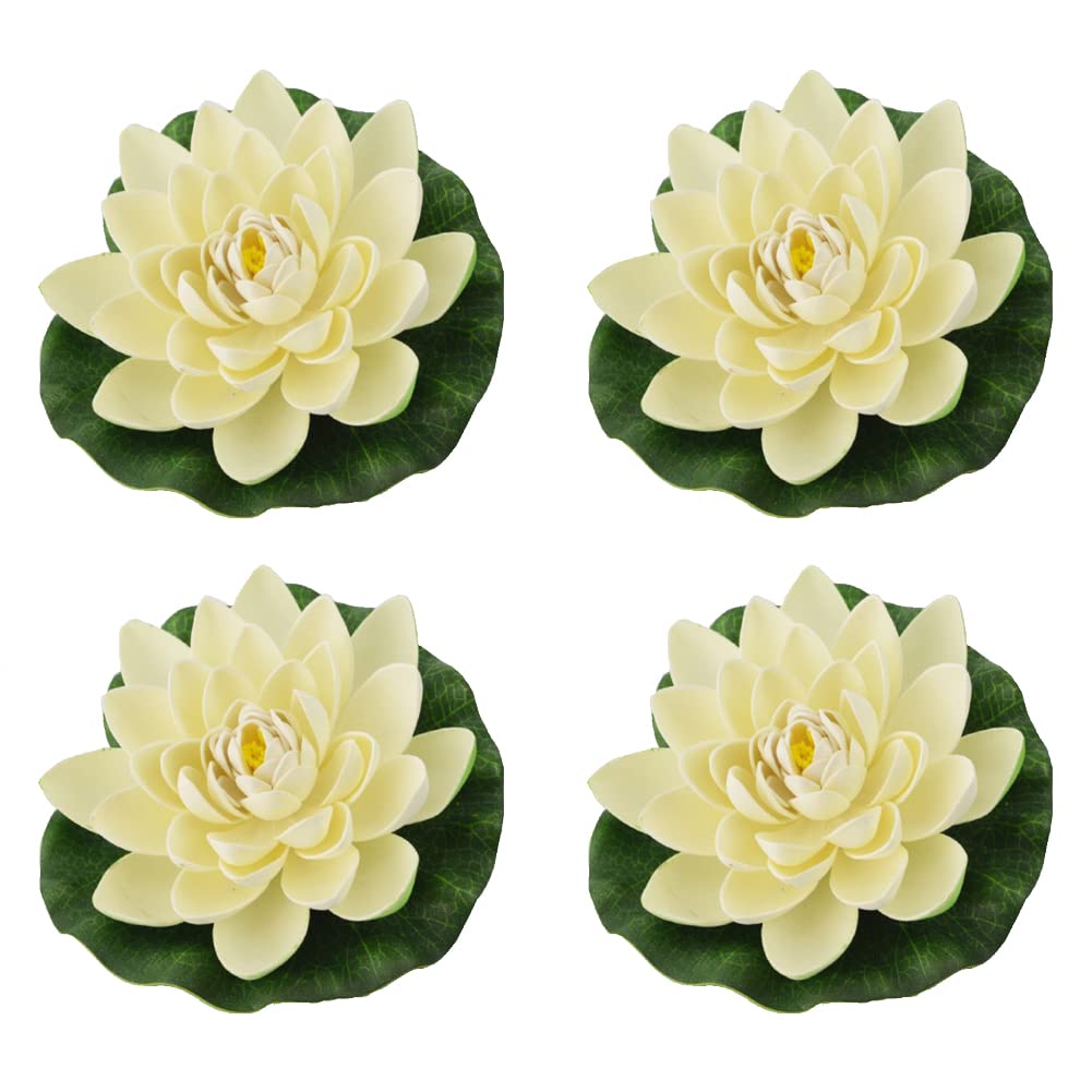 HugeDE 6Pcs Artificial Floating Foam Lotus Flowers White Plastic Pond Flowers with Water Lily Pad Ornaments Perfect for Home Party Garden Aquarium Decoration