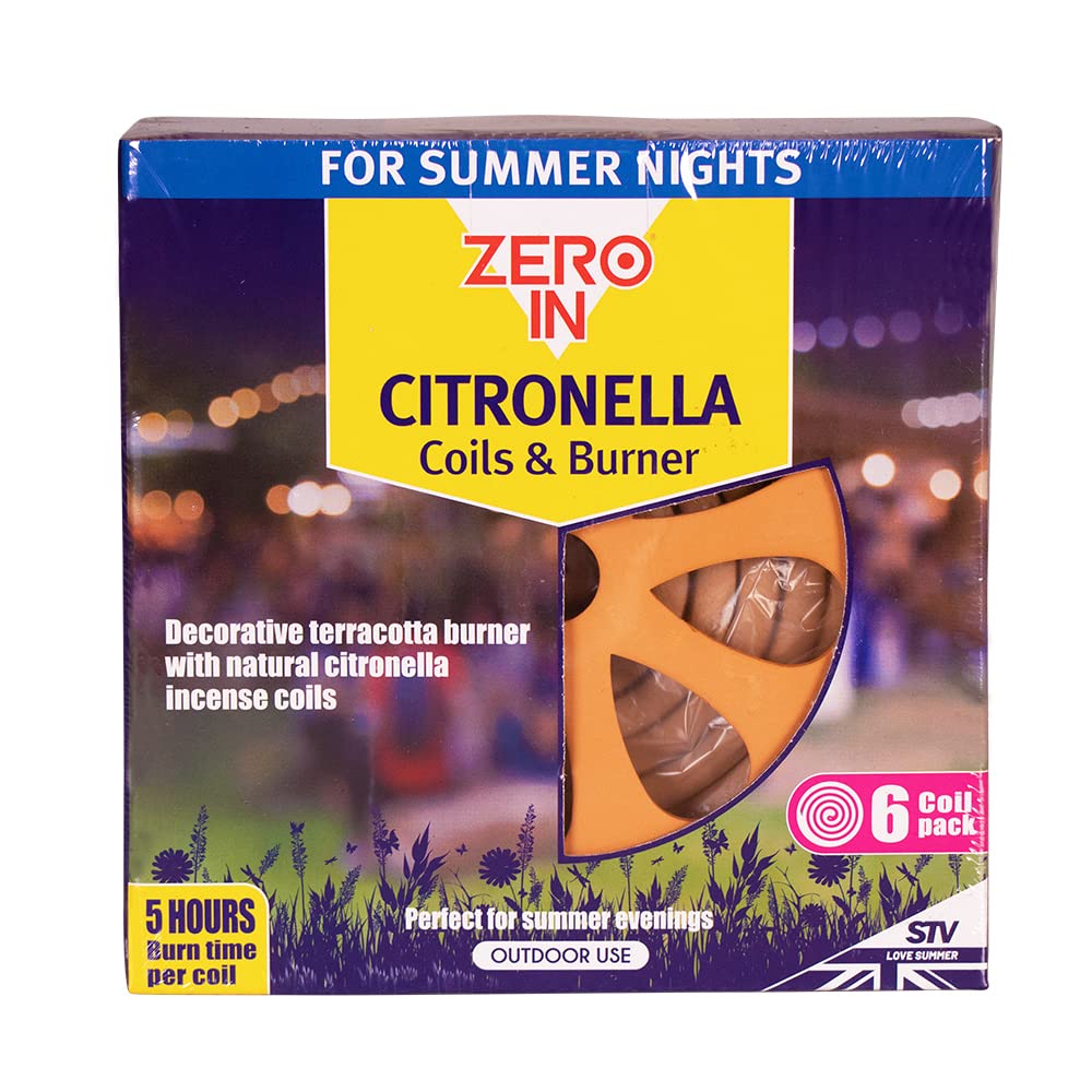 Zero In Citronella Terracotta Burner & Coil - 6-Pack, Repels Mosquitoes, Natural, For Gardens and Patio Areas, Brown