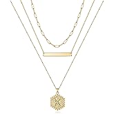 Turandoss Gold Layered Initial Necklaces for Women, 14K Gold Plated Bar Necklace Handmade Layering Hexagon Letter Pendant Beads Chain Necklace Layered Necklaces for Women Gold Jewelry Gifts