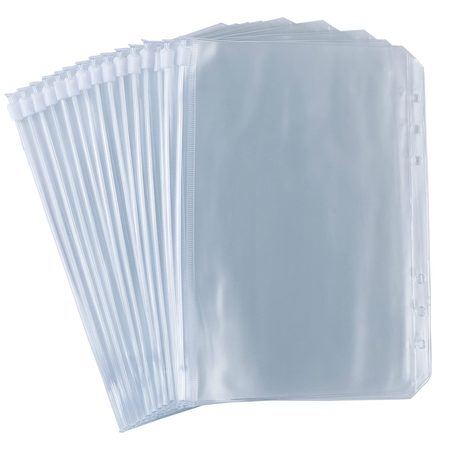 TANGBOHU A5 Binder Pockets 15 Pieces Clear PVC 6 Hole Binder Pockets Zipper Folder Waterproof Money Budget Envelopes for Notebook Planner Insert Pages Loose Leaf Bags